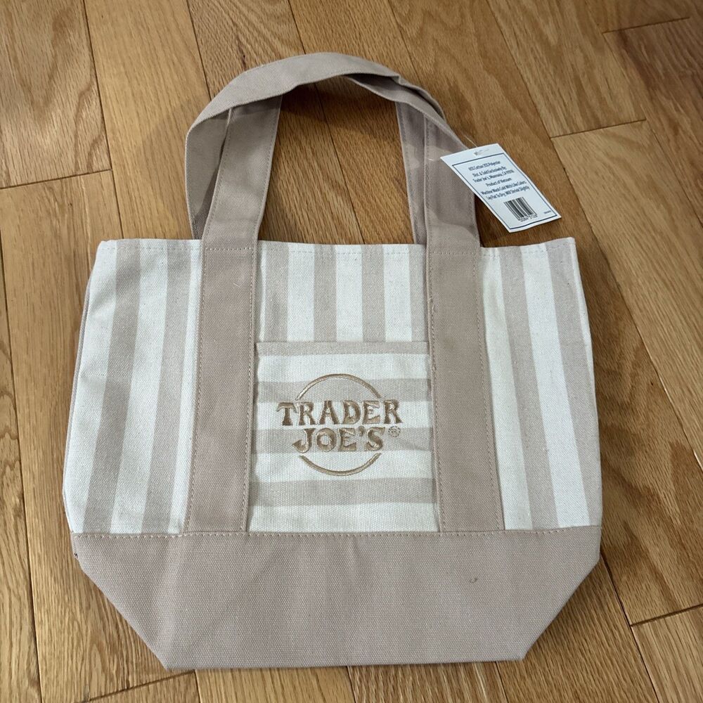 Trader Joe’s 2026 Striped Mini Pastel Canvas Tote Bag Desert Sand READY TO SHIP - Picture 2 of 6